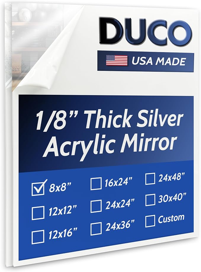 Duco USA-Made Acrylic Mirror Sheet 1/8 Inch Thick 8" x 8" (with Adhesives) - Pack of 2 Silver Frameless Plastic Mirror for Walls, Home Gyms, Bathrooms, & More - Shatter-Proof Mirrored Plexiglass