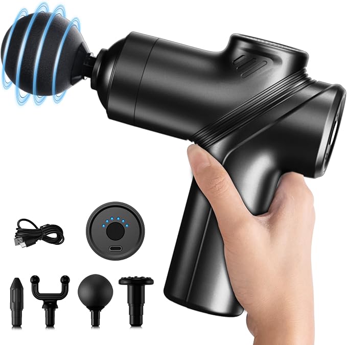 LEERCON Massage Gun Deep Tissue Mini Muscle Massager for Pain Relief, Black | Small Portable Handheld Massager Gun, Back and Neck Massager for Pain Relief, 6 Speed & 4 Heads, Birthday Gifts for Men Dad