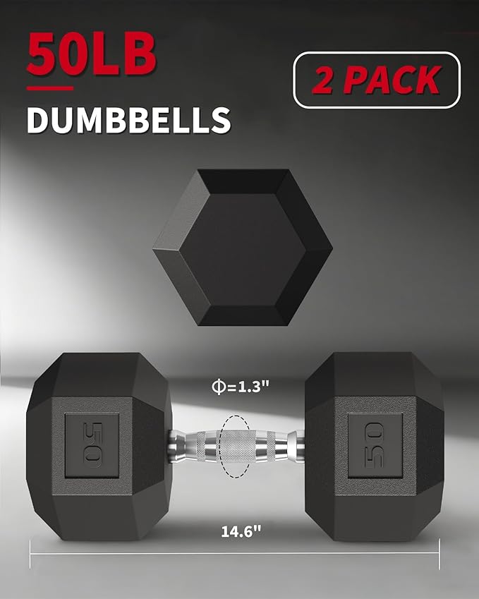 Garvee 5-50 LB Hex Dumbbell Set of 2, Hand Weights Dumbbells Pair | With Cast Iron Core, Rubber Encased Coating and Textured Carbon Steel Handle for Home Gym Strength Training