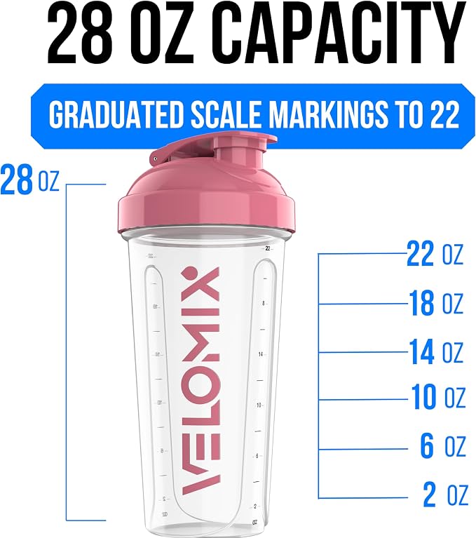 VELOMIX 6 Pack 28oz Protein Shaker Bottle for Protein Mixes, Muted Clarity | 6x Wire Whisk, Leak Proof Shaker Cups for Protein Shakes, Stackable, Multipack Value Set for Home, Gym, Office and Car