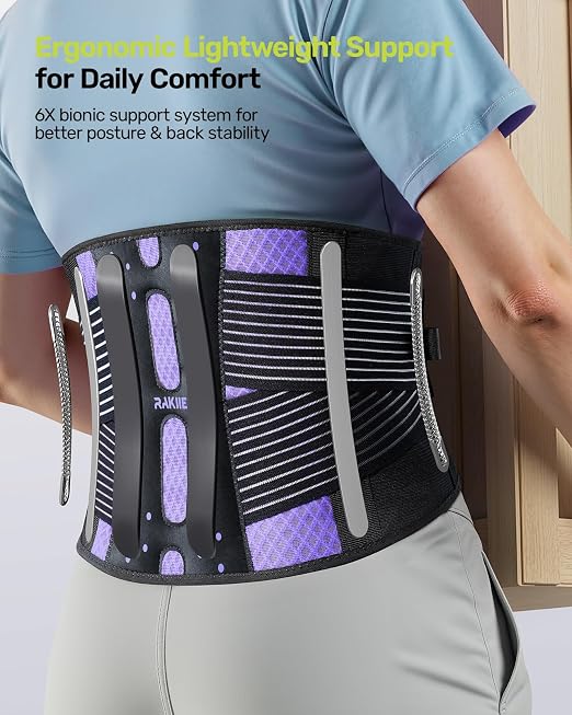 Rakiie Slim Back Brace for Lower Back Pain Relief, Lightweight & Breathable Back Support Brace for Men Women, Ergonomic Light Lumbar Support for Everyday Wear, Purple S