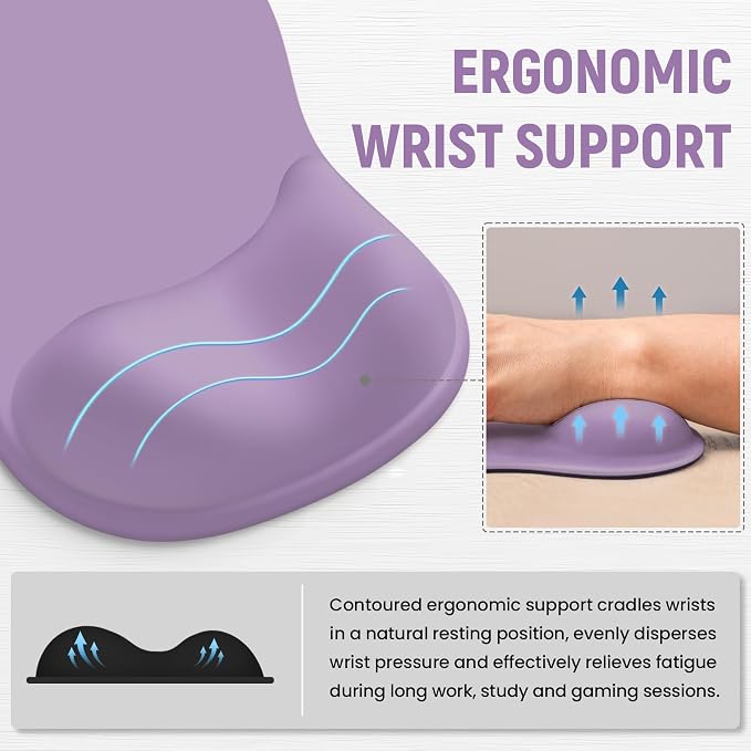 Ergonomic Mouse Pad with Wrist Rest, Gel Wrist Support, Purple | 10.2 x 7.6 in Mouse Pad with Smooth Fabric Surface and Non-Slip Rubber Base for Office, Home, Study, and Gaming
