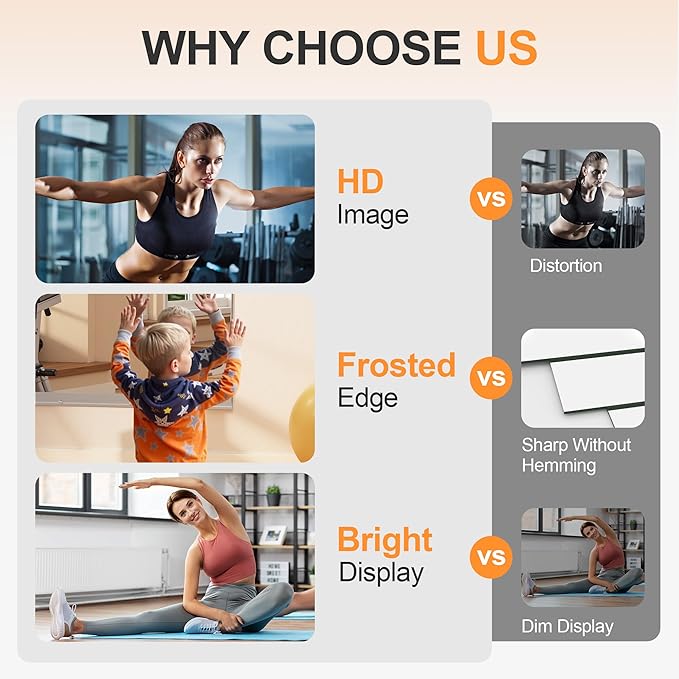 Hasipu Home Gym Mirror, 55"x17" Each, 2-Pack Frameless Wall Mounted Mirrors with Glass Clamps & 1 Aluminum Rail, Large Body Mirror for Home Gym, Yoga Studio, Bedroom, Silver Tempered Glass