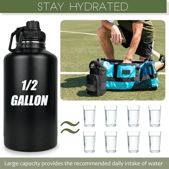 DEFUNX 64 Oz Water Bottle Gym Water Bottles for Men Half Gallon Insulated Water Jug with Sleeve and Strap Stainless Steel Large Sports Bottle Workout Hiking All Black