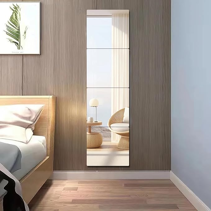 Shatterproof Acrylic Wall Mirror Tiles, 6 Pack 12x12 Inch Self-Adhesive Full Body Wall Mirrors for Bedroom, Home Gym, Bathroom & Living Room, Unbreakable Flexible Mirror Sheets