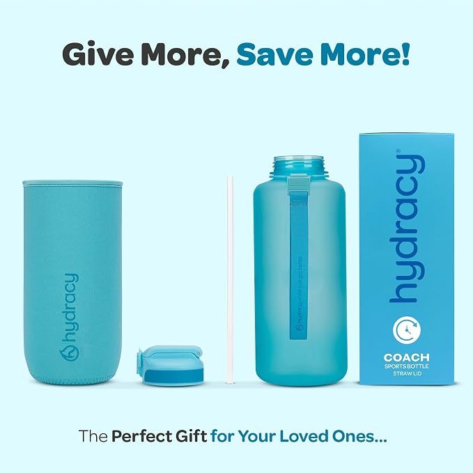 Hydracy 2L Large Water Bottle, Shatterproof, BPA Free Tritan Plastic, Leakproof, Zero Condensation, With Detachable Carry Strap, Spillproof Lid, Convenient Silicon Spout, Ideal for Gym, Yoga | Leakproof,BPA Free,No Sweat Neoprene Sleeve,Carry Strap,Dai...