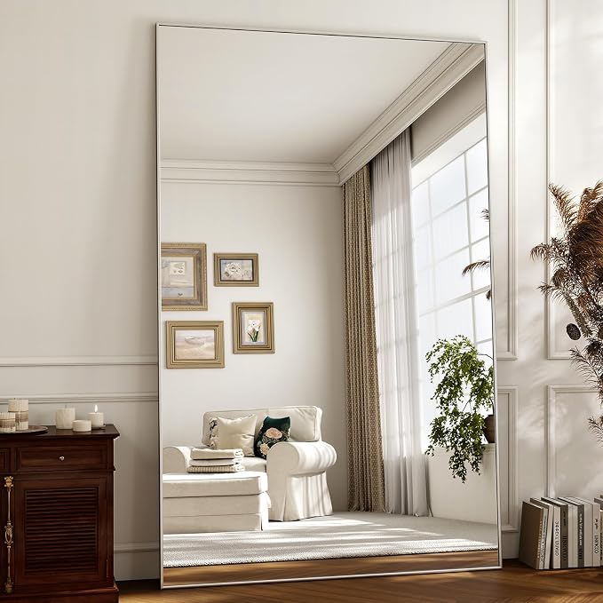 Easly Full Length Mirror with Stand 46"x76" Full Body Mirror Floor Mirror Standing Hanging or Leaning Wall, Wall Mirror with Stand Aluminum Alloy Frame for Living Room Bedroom Cloakroom,Silver