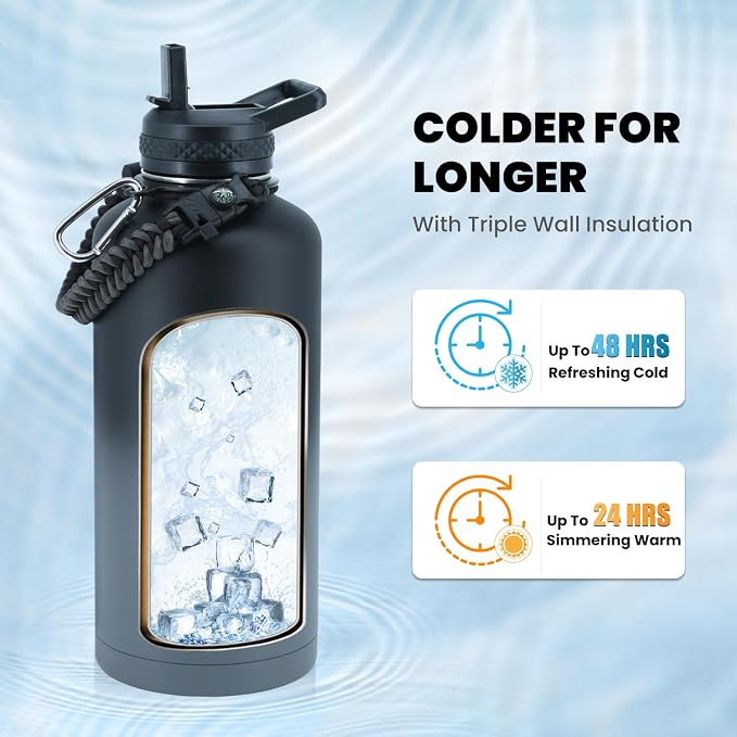 RAYMYLO Insulated Water Bottle 87 oz, Triple Wall Vacuum Stainless Steel | Cold for 48 Hrs), Leak Proof & Non-BPA, Modern Water Flask Jug with Paracord Handle & Straw Spout Lids, Dark Grey