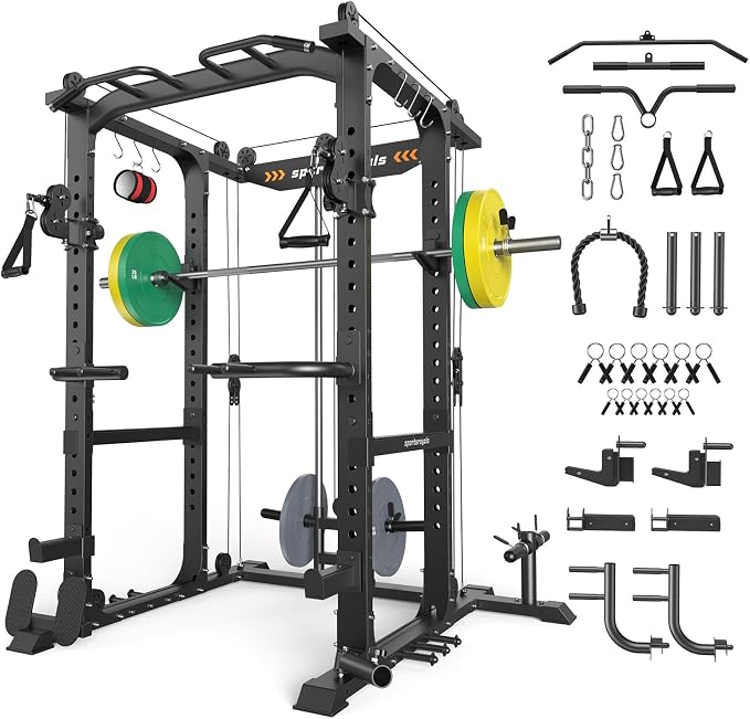 SPORTSROYALS Power Rack, Multi-Functional Power Cage, Squat Rack with Pulley System & LAT Pull Down, Workout Cage with J Hooks for Home Gym