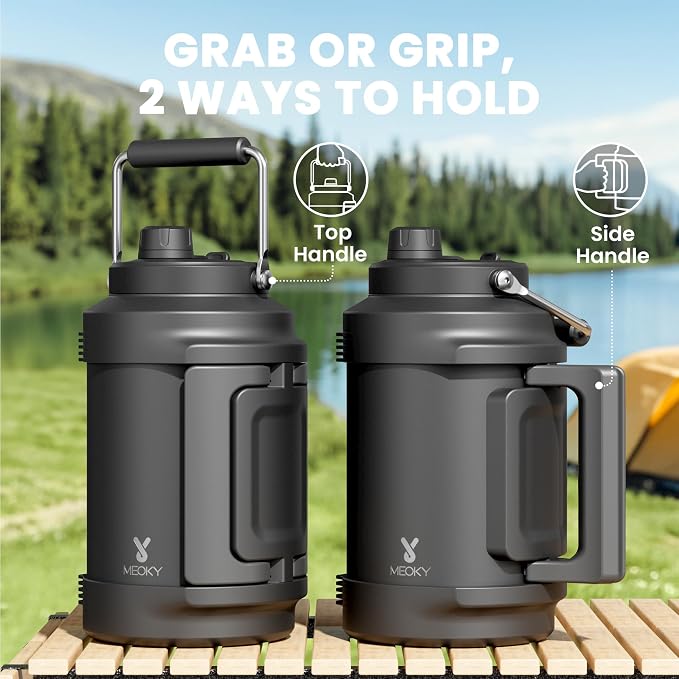 1 Gallon Insulated Water Bottle for Sports: Meoky 128 oz Triple Wall Vacuum Stainless Steel Water Jug - Top and Side Handles, Cold for 48 Hrs, 2-in-1 Straw and Spout Lid, Leak Proof for Hiking (Night)