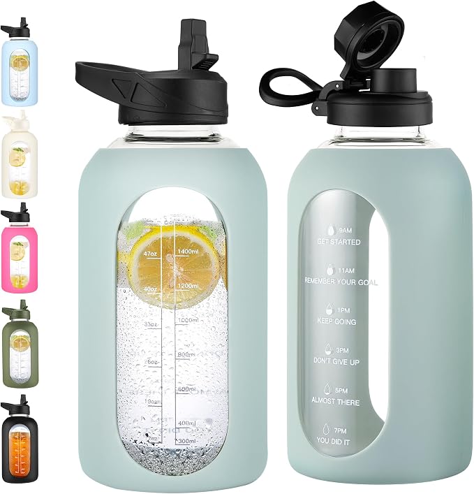 CIVAGO 64 oz Glass Water Bottle with Straw, Half Gallon Large Water Jug | Motivational, Time Marker, Leakproof Lids, Wide Mouth, Flask Cup with Handle and Silicone Sleeve, for Juices, Sage