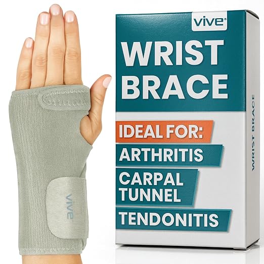 Vive Wrist Brace - Carpal Tunnel Hand Compression Support Wrap for Men | Women, Tendinitis, Bowling, Sports Injuries Pain Relief - Removable Splint - Universal Ergonomic Fit (Gray, Left)