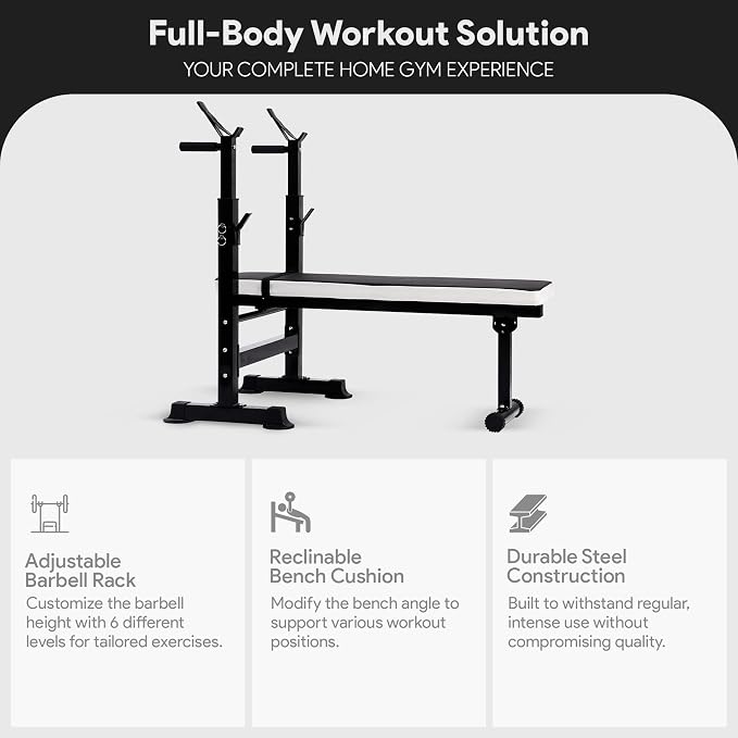 BalanceFrom Steel Weight Bench w/ Squat Rack in Multiple Colors, 400 lb User Capacity - Foldable Home Gym Equipment for Range of Workouts w/ 6-Position Barbell Holder & Adjustable Seat and Recliner