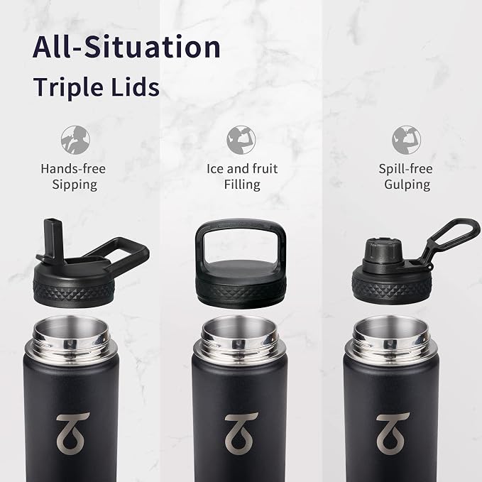 Trebo Insulated Water Bottle 24 oz with 3 Lids, Paracord Handle | Stainless Steel Metal Flask Vacuum, Triple Wall Copper Plated, Dishwasher Safe, Cold 48Hrs for Hiking, Fits in Car Holder