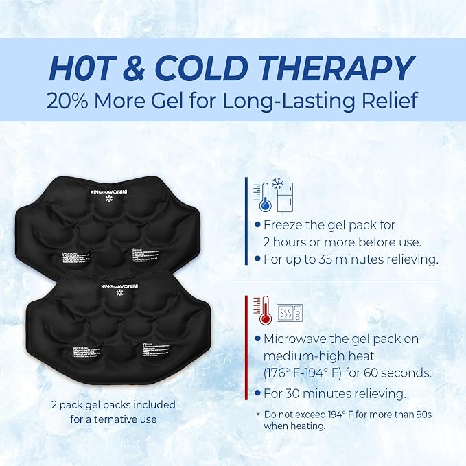 Extra Large Ice Pack for Back Pain Relief, 2 Gel Packs, Black | 35-Min Long-Lasting & Instant Pain Relief, Leakproof Back Ice Pack, Extension Strap, Hot Cold Therapy, Skin-Safe Lycra Fabric