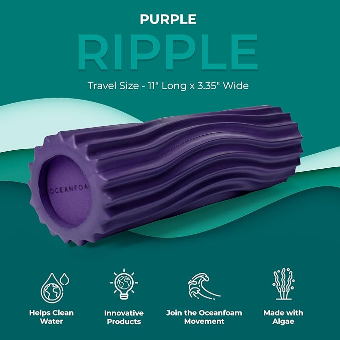 Oceanfoam Ripple Travel Foam Roller (11" x 3.35") Firm Mini Foam Roller for Physical Therapy, Deep Tissue Massage, Back Pain - High Density, Ergonomic Wave Textured - Yoga, Pilates, Exercise (Purple)