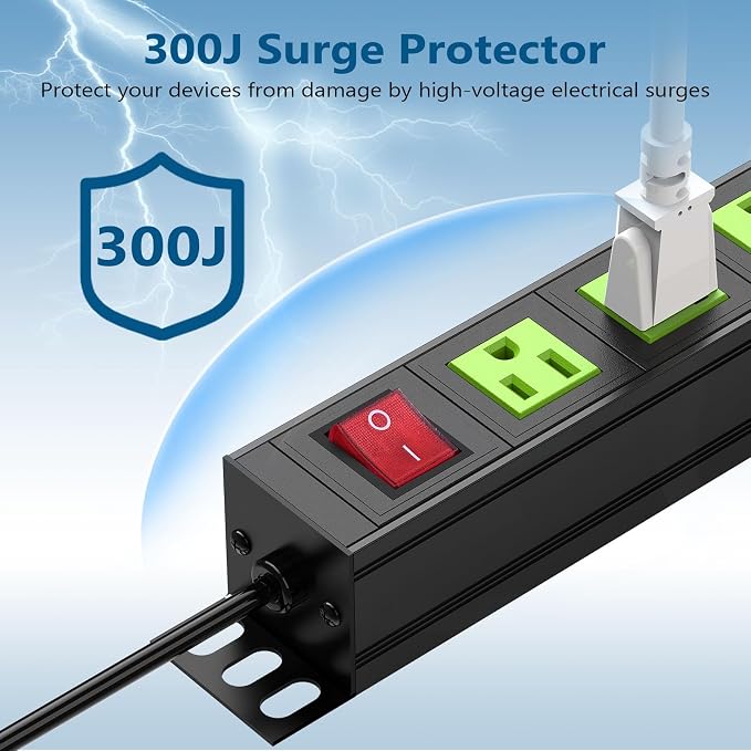 Metal 8 Outlet Mountable Power Strip, Wall Mount Outlet Power Strips Heavy Duty, Commercial Shop Power Strip with Switch, 15A 125V 1875W, 300J (Green 6FT)