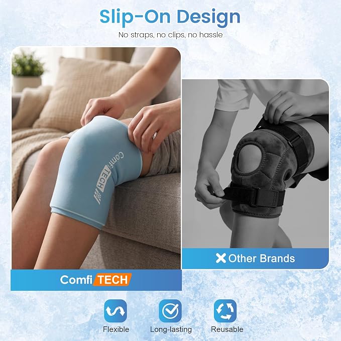 ComfiTECH Youth Knee Gel Ice Pack Wrap Sleeves, 2 Packs, L | 360 Full Coverage, Soft Flexible After Frozen, Custom Fit For Teen Athletes, Relieve Knee Soreness & Ligament Strains