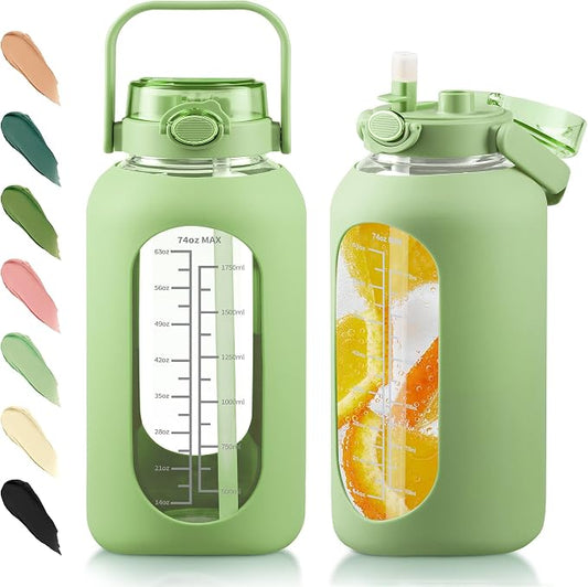 74 oz Glass Water Bottle with 2-in-1 Straw Lid Large Gallon Water Bottle with Time Marker & Removable Silicone Sleeve,Wide Mouth BPA-Free Borosilicate Bottle for Gym, Workout & Daily Use