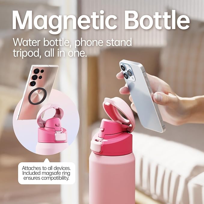 Insulated Magnetic Water Bottle - Reusable Stainless Steel Bottle with MagSafe Compatible Phone Holder - Keeps Cold for 24 Hours - Perfect for Gym, Sports, and Travel - Pink 24oz