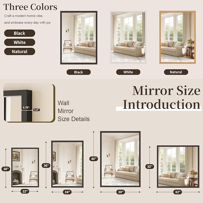 Syndra Black Wood Frame Bathroom Mirror, 24''x36'' Modern Vanity Mirror for Wall, Waterproof Slim Deep Frame, Rectangular HD Tempered Glass Mirror for Living Room, Bedroom, Entryway, Rustic, Farmhouse