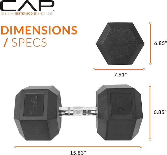 CAP Rubber Coated Dumbbell Weights, Free Weights for Home Gym Strength Training, Anti-Roll Hex Dumbbells with Black, Chrome & Comfort Grip Handles, Pairs & Sets