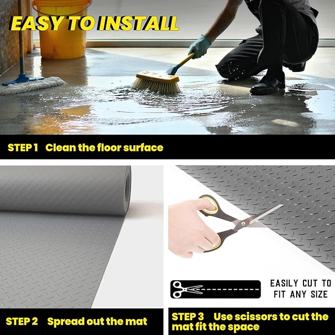 4x10 FT Garage Floor Mat, 2.8mm Thickened (Gray) | Diamond Plate PVC Rubber Flooring Roll Covering Non-Slip Floor Protector for Under Car Parking/Garage/Warehouse/Gyms/Trailer