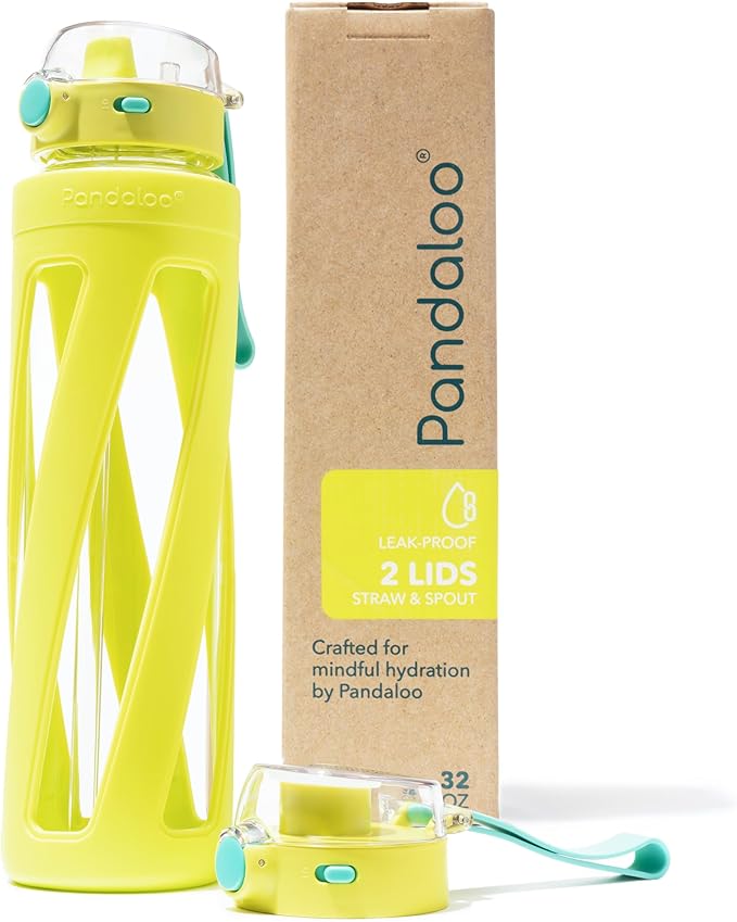 Pandaloo® Orbit 32 oz Glass Water Bottle with 2 Leak-Proof Lids (Straw & Spout), Wide Mouth, Borosilicate Glass, BPA-Free, Cup Holder Friendly for Gym, Work, Travel & Daily Hydration- Lime Glow