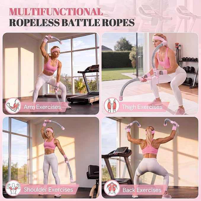 8pcs Ropeless Battle Rope Workout Kit for Women with Resistance Springs, Pink Adjustable Weighted Home Gym Equipment, Includes Gloves, Towel, Headband, Wristbands, Storage Bag & Gift Box