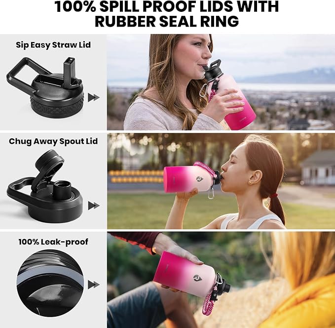 RAYMYLO Insulated Water Bottle 64 oz, Triple Wall Vacuum Stainless Steel | (Cold for 48 Hrs), Leak Proof & Non-BPA, Half Gallon Water Flask Jug with Paracord Handle & Straw Spout Lids, Ombre Pink