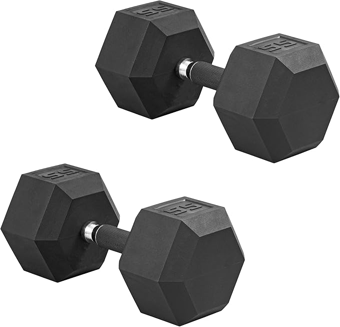 CAP Rubber Coated Dumbbell Weights, Free Weights for Home Gym Strength Training, Anti-Roll Hex Dumbbells with Black, Chrome & Comfort Grip Handles, Pairs & Sets