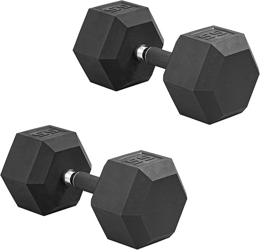 CAP Rubber Coated Dumbbell Weights, Free Weights for Home Gym Strength Training, Anti-Roll Hex Dumbbells with Black, Chrome & Comfort Grip Handles, Pairs & Sets