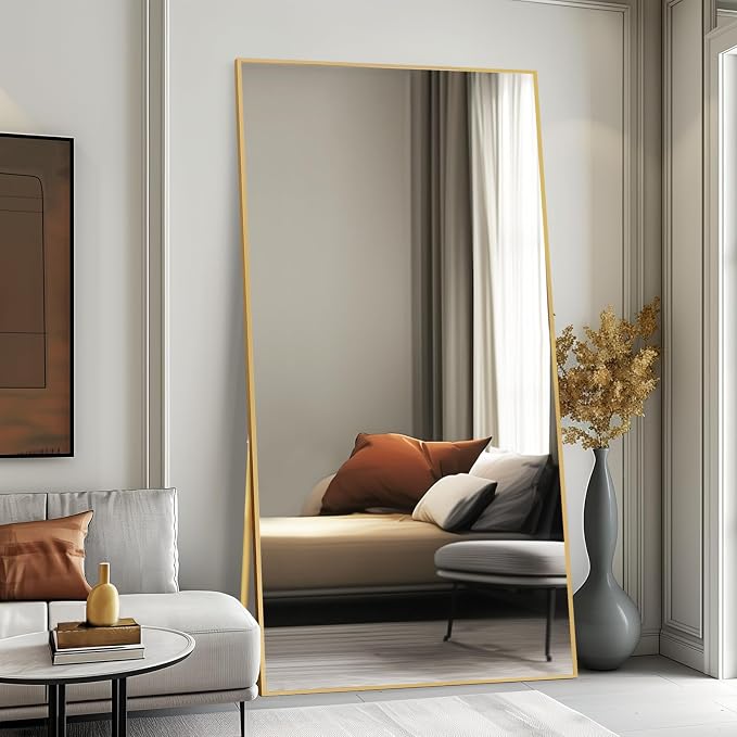 Beauty4U 76" x 34" Full Length Mirror with Stand, Gold Large Floor Mirror | Standing, Leaning, or Wall-Mounted Tempered Glass Full Body Mirror with Metal Frame for Bedroom, Closet, Modern Home Decor