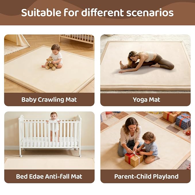 Baby Play Mat for Floor, 79'' x 79'' Thicken Foam Soft Padded Playmat for Tummy Time, Playpen Mat for Toddlers Infant Kids, Water-Repellent Coral Velvet, Non-Slip Bottom Safe for Crawling (Brown)