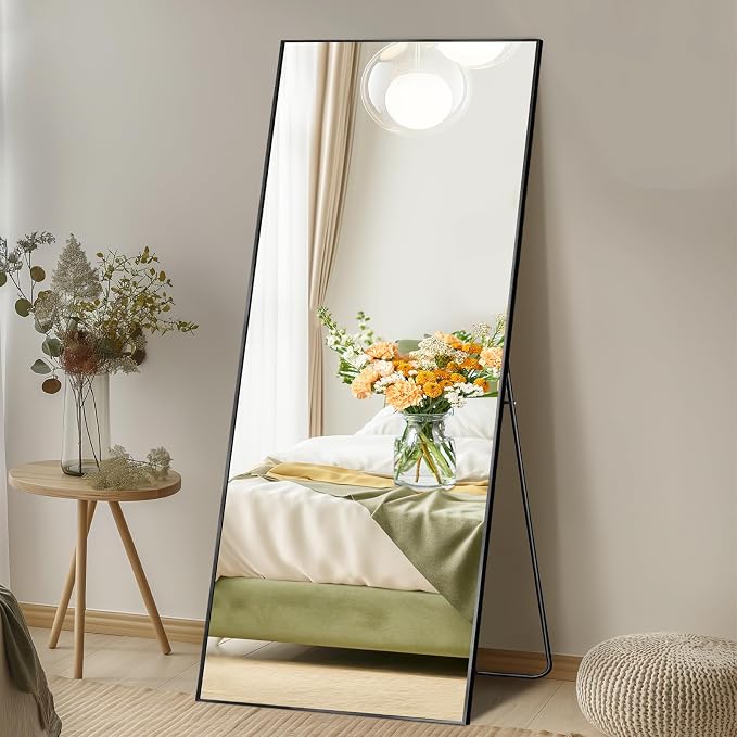DUMOS 21"x56" Full Length Mirror with Stand, Floor Standing Aluminum Frame, Shatter-Proof Nano Glass for Bedroom, Living Room, Cloakroom – Modern Simple Home Decor,Can Be Hanging or Leaning, Black