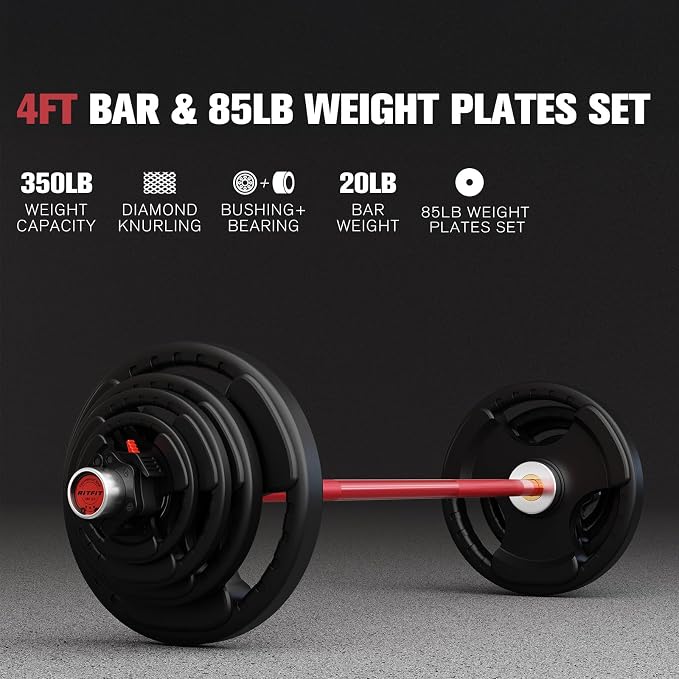 RitFit Barbell Weight Set - 4/6FT Olympic Barbell with Weight Plates (55-115LB Total) - Weightlifting Equipment for Squats, Curls, Deadlifts, Presses, Hip Thrusts
