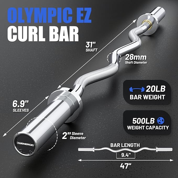 47” Solid Steel Olympic Curl Bars, 500LB | EZ and Super EZ curl bars with knurled grips, rotating sleeves, solid steel build, and 2-inch Olympic plate compatibility
