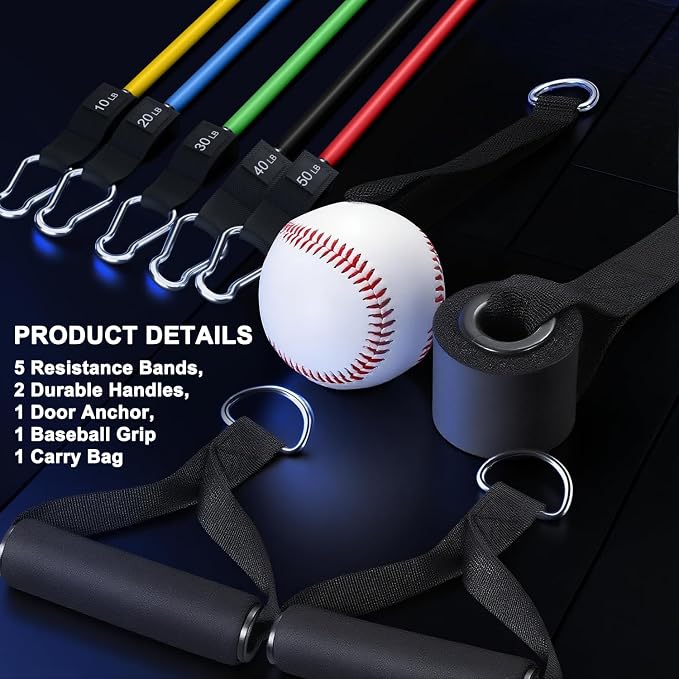 WHATAFIT Resistance Bands with Handles, 5-Level Exercise Bands for Workout | Natural latex,10-50 lbs, stackable to 150,Ankle Straps, Door Anchor,Guide. For Strength, Yoga,Home Gym,Travel & Workout.