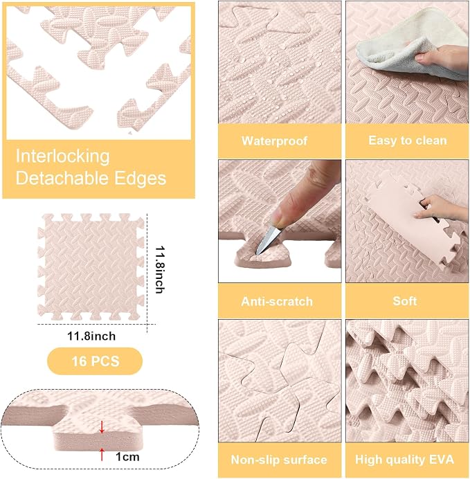 Foam Floor Tiles Foam Floor Mats Play Mats Bulk with Borders Interlocking for Bedroom Gym Nursery(11.8 x 11.8 Inch,Beige)
