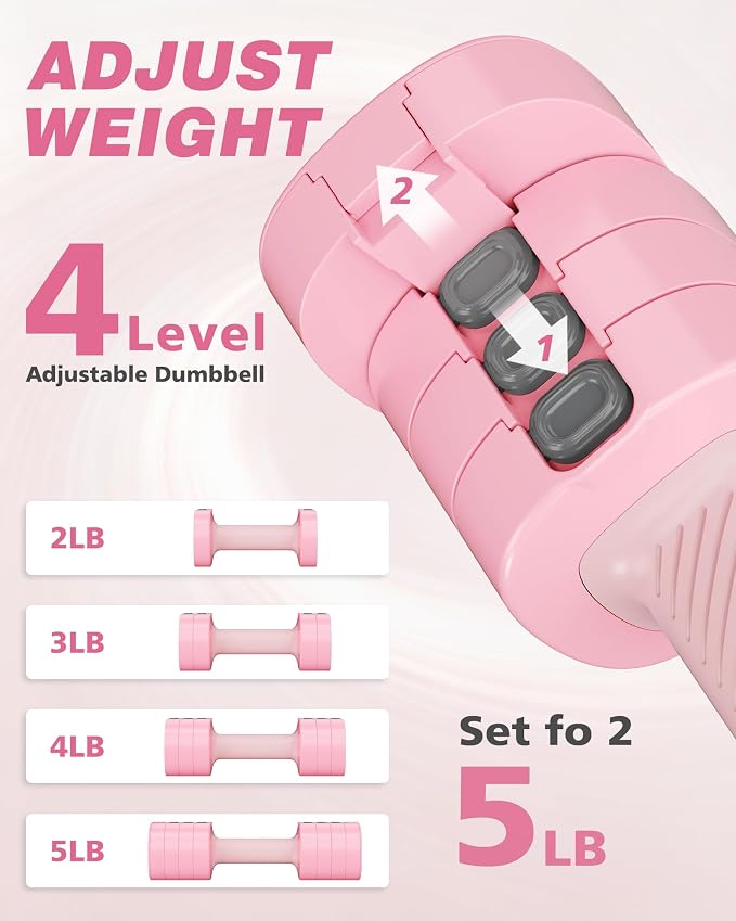 Rendpas Adjustable Dumbbell Set of 2, 10lb & 22lb Pairs (5lb/11lb Each) | Anti-Slip No-Roll Handle Weights, Bench Combo Option for Home Gym, Pilates & Strength Training