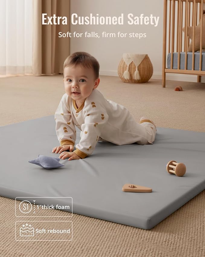 Blissful Diary Vegan Leather Baby Play Mat, 47''x47'', Light Gray | thick cushion, safe and soft fabric, waterproof and wip clean, indoor use, non-slip bottom, stylish mordern decor