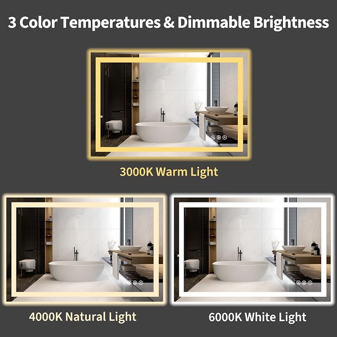 Koonmi 40x28 LED Bathroom Mirror with Light, Anti-Fog, 3 Colors | Backlit + Front Lit, Dimmable Brightness, Shatterproof HD Distortion-Free Tempered Glass, Hardware Included