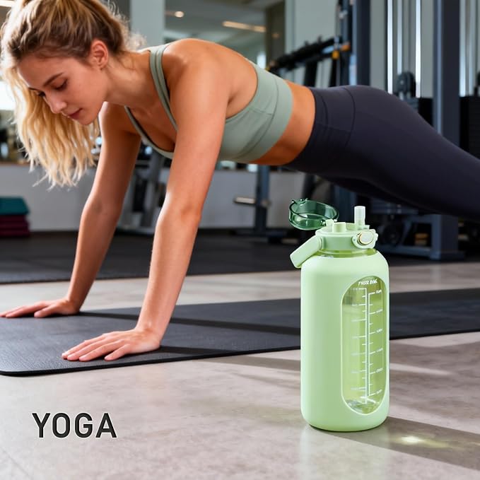 74 oz Glass Water Bottle with 2-in-1 Straw Lid Large Gallon Water Bottle with Time Marker & Removable Silicone Sleeve,Wide Mouth BPA-Free Borosilicate Bottle for Gym, Workout & Daily Use