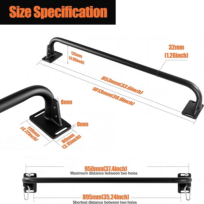 Wall Mounted Pull Up Bar, Carbon Steel Doorway Chin Up Bar for Home Gym | Reinforced plate supports fit joists and studs, creating a stable space-saving upper-body strength training station.