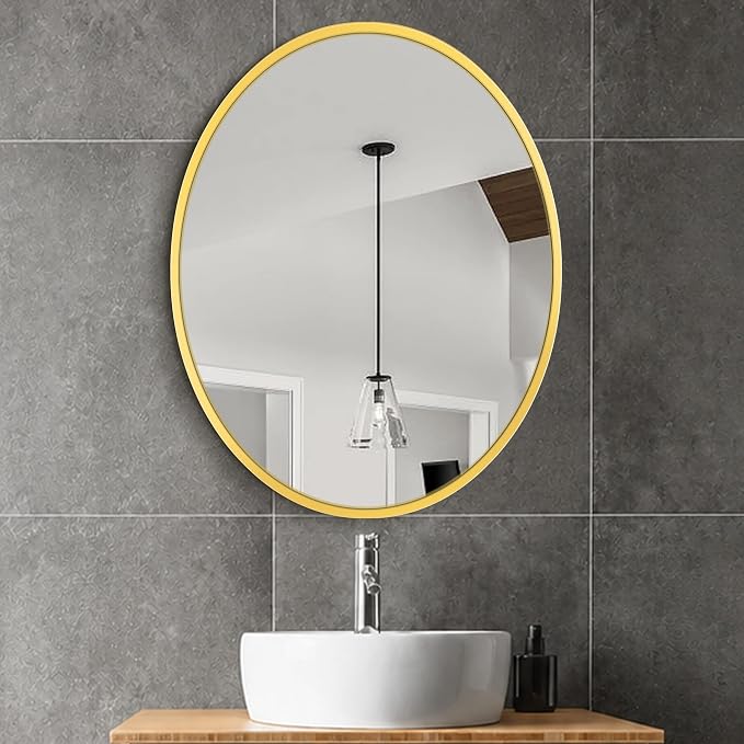Bathroom Vanity Mirror for Wall, 28''x22'' Gold Oval Bathroom Mirror for Over Sink, Bedroom, Living Room, Entryway, HD Tempered Glass, Wall Mounted Horizontally or Vertically