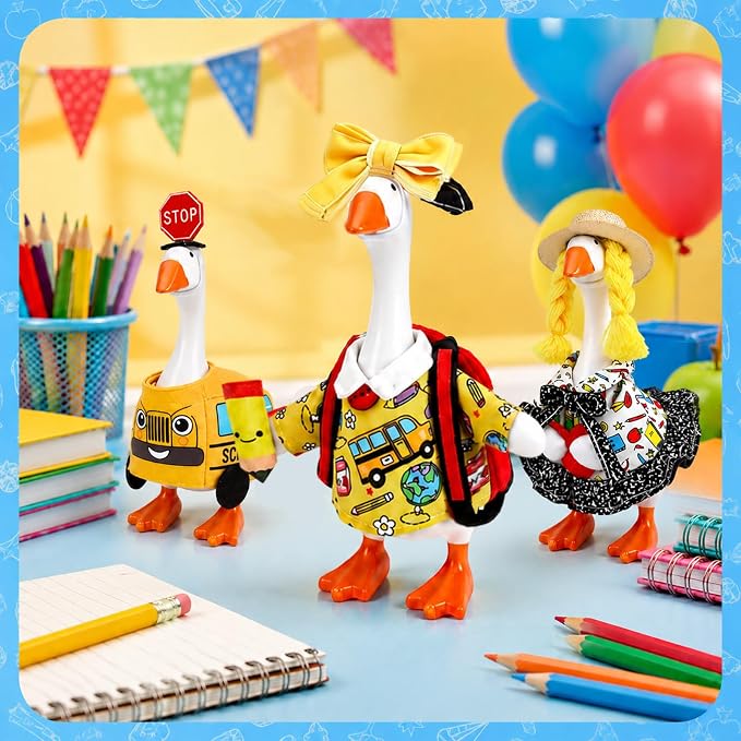 7 Inch Desk Goose Statue with 6 Back to School Outfits Set Cute Mini Goose Decor School Classroom Office Home Table Decoration First Day of School Gifts for Teachers Students