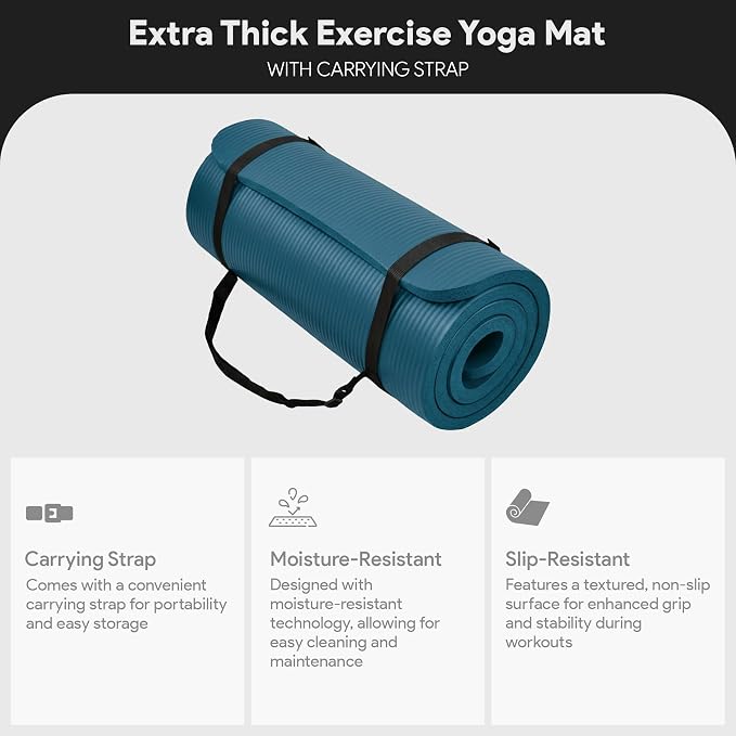 BalanceFrom Yoga Mat, 1-Inch Extra Thick High Density Exercise Mat, Anti-Tear Exercise Yoga Mat with Carrying Strap, Suitable for Various Yoga Exercises, Multiple Colors