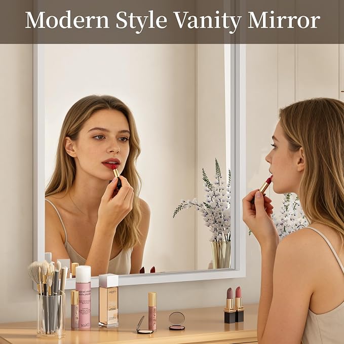 Syndra White Wood Frame Bathroom Mirror, 30''x40'' Modern Vanity Mirror for Wall, Waterproof Slim Deep Frame, Rectangular HD Tempered Glass Mirror for Living Room, Bedroom, Entryway, Rustic, Farmhouse