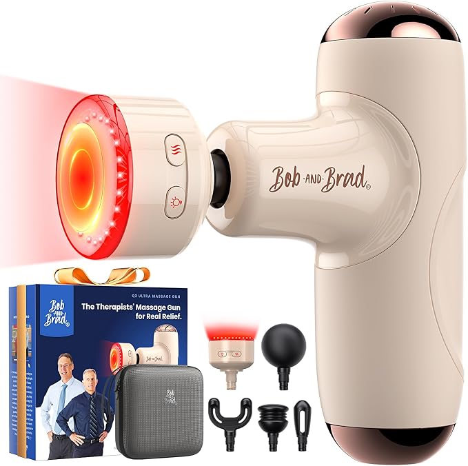 BOB AND BRAD Q2 Ultra Mini Massage Gun with Red LED Therapy Infrared Heat | Portable, Ultra-Quiet Handheld Massager, Muscle Comfort, 5 speeds, 5 heads, Carry Case, Home, Office, Travel
