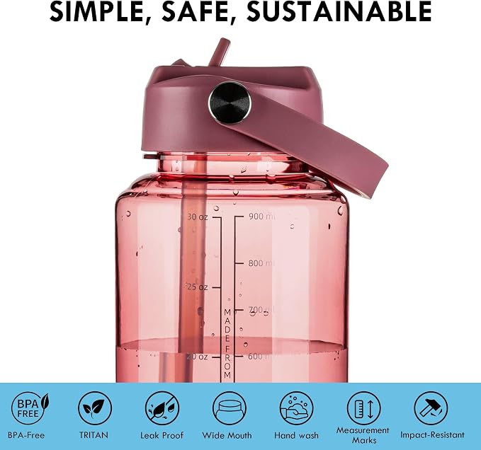 OLDLEY 32oz Water Bottle with Straw, Leakproof Tritan Clear Bottle with Marked Bottle and Carry Handle, BPA-Free Wide Mouth Reusable Sports Water Bottle for Gym,Hiking, Camping,Travel,Workout,Red